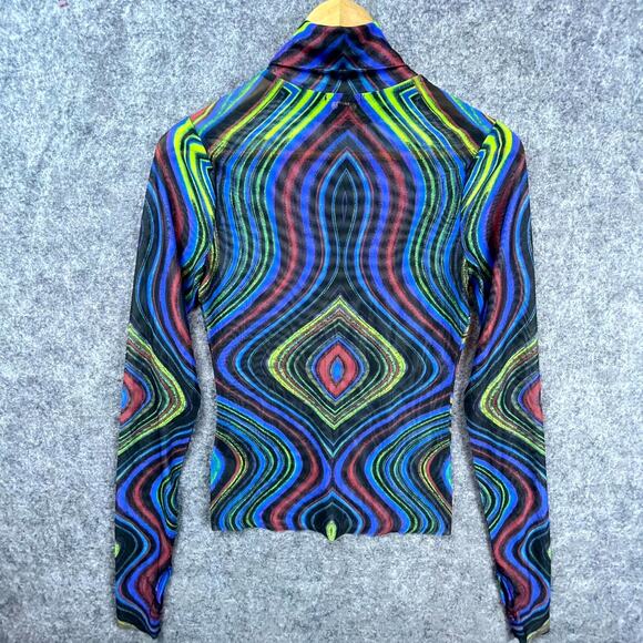 Afrm Zadie Top Womens M Psychedelic Turtleneck Thumb Hole Festival Mesh Sheer - Picture 1 of 7